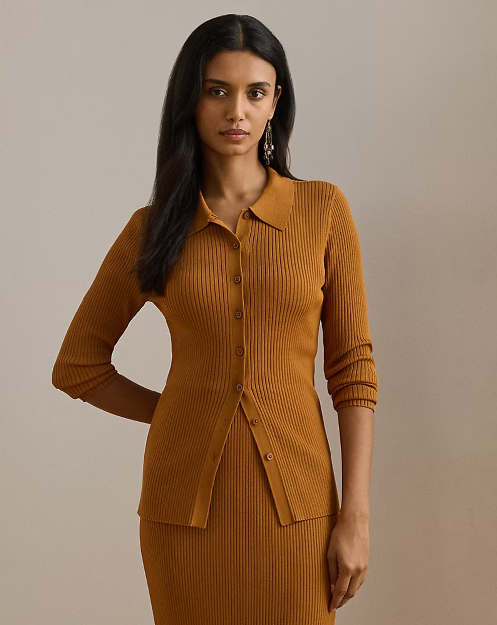 Lauren Ralph Lauren Rib-Knit Long-Sleeve Polo Cardigan Brown Size S 4077